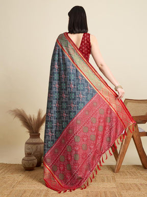 Women Grey Woven Saree with Red Zari Border