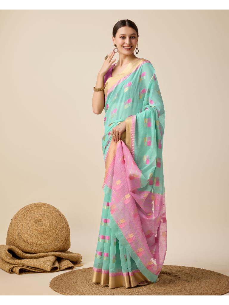 Women’s Sky Silk Saree with Golden Border