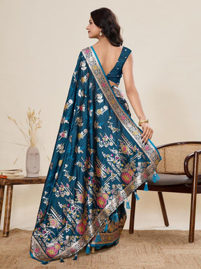 Women Teal Floral Woven Saree with Zari Border Traditional Ethnic Party Wear