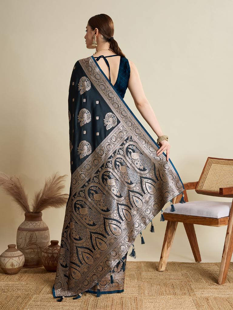 Women Navy Blue Woven Saree with Silver Zari Border