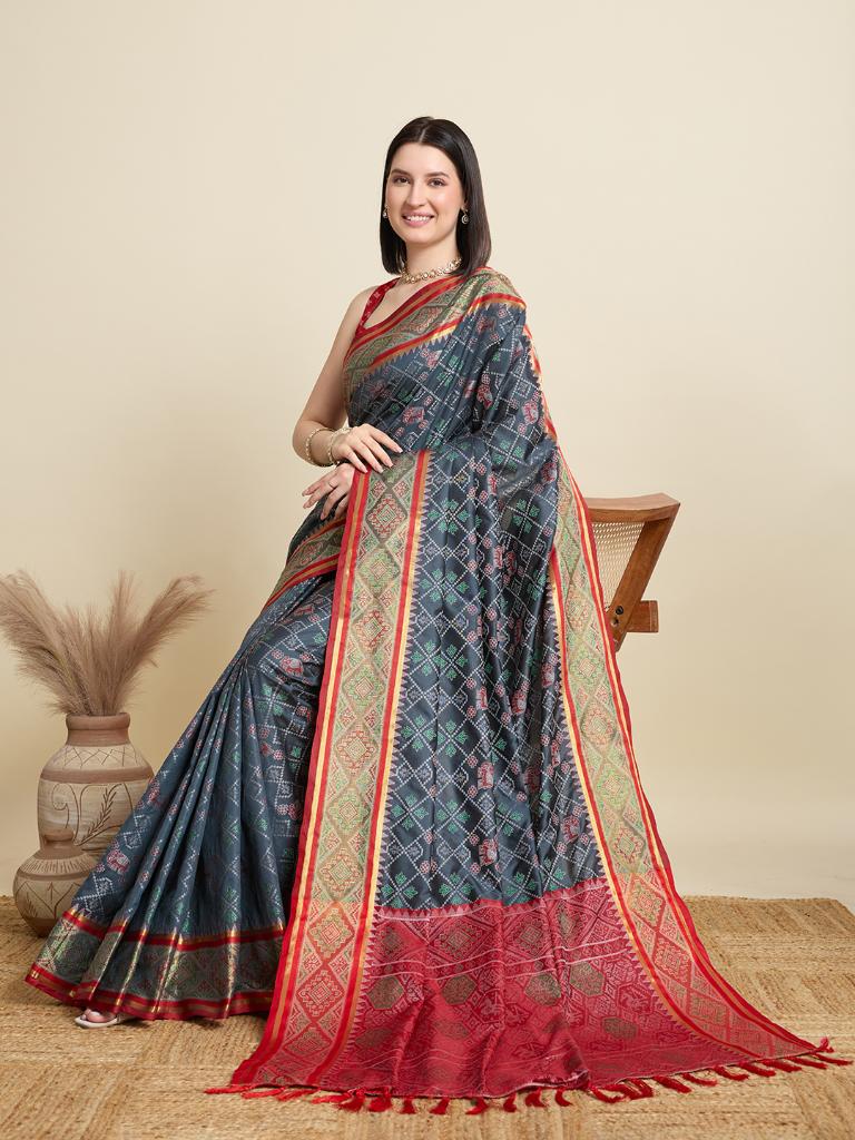 Women Grey Woven Saree with Red Zari Border