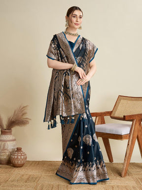 Women Navy Blue Woven Saree with Silver Zari Border