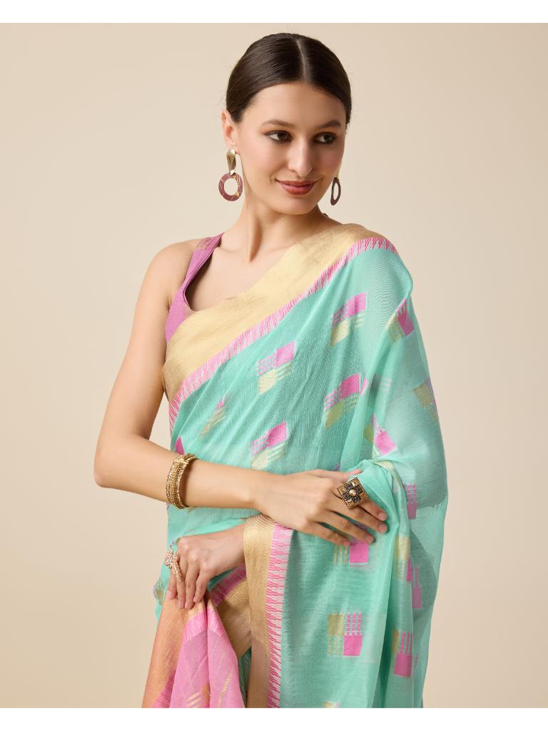 Women’s Sky Silk Saree with Golden Border