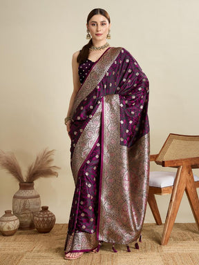 Women Purple Woven Saree with Silver Zari Border