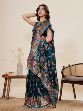 Women Teal Floral Woven Saree with Zari Border Traditional Ethnic Party Wear
