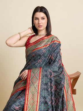 Women Grey Woven Saree with Red Zari Border