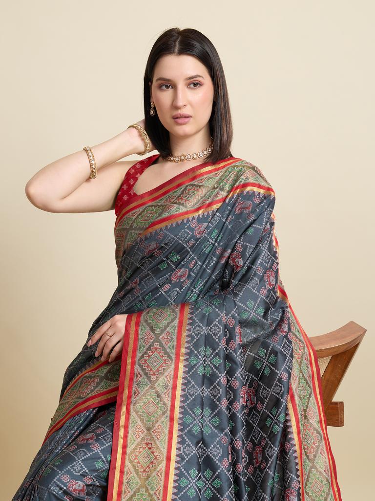 Women Grey Woven Saree with Red Zari Border