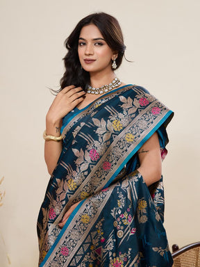Women Teal Floral Woven Saree with Zari Border Traditional Ethnic Party Wear
