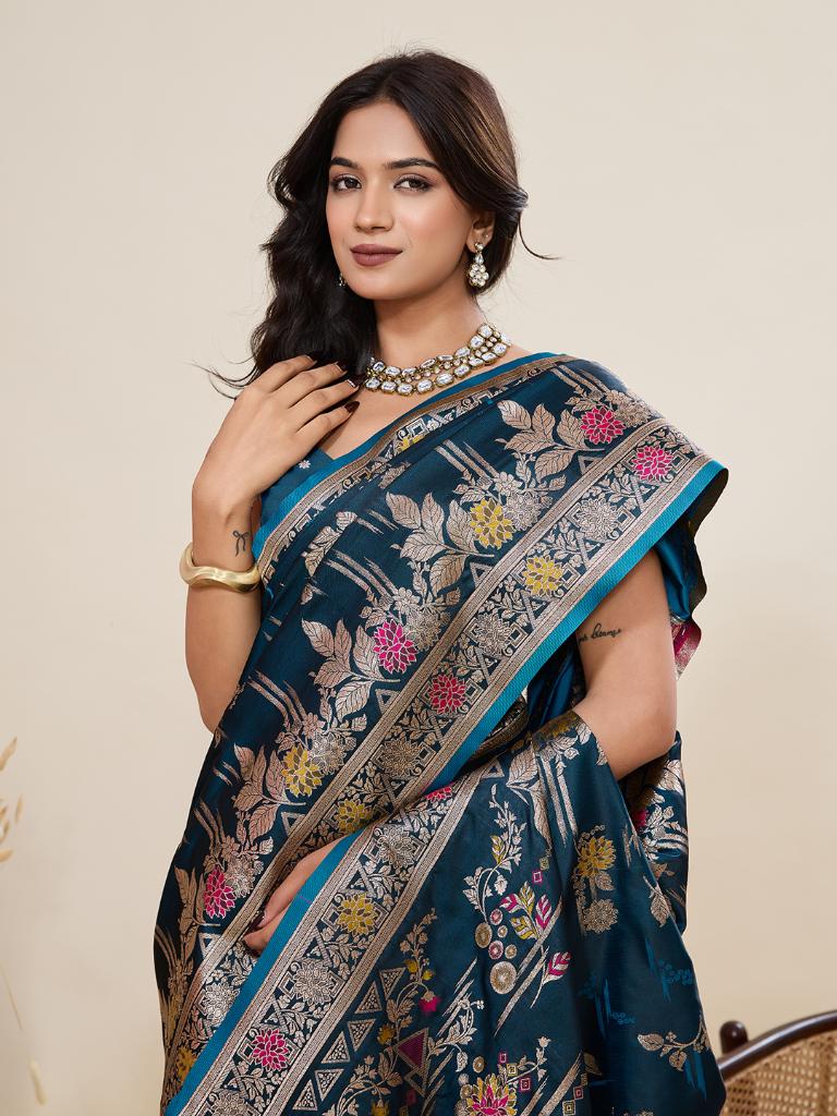 Women Teal Floral Woven Saree with Zari Border Traditional Ethnic Party Wear