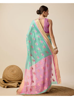 Women’s Sky Silk Saree with Golden Border
