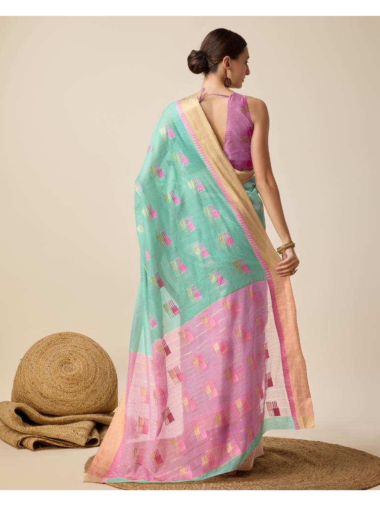 Women’s Sky Silk Saree with Golden Border
