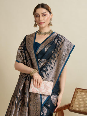Women Navy Blue Woven Saree with Silver Zari Border