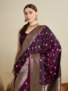Women Purple Woven Saree with Silver Zari Border
