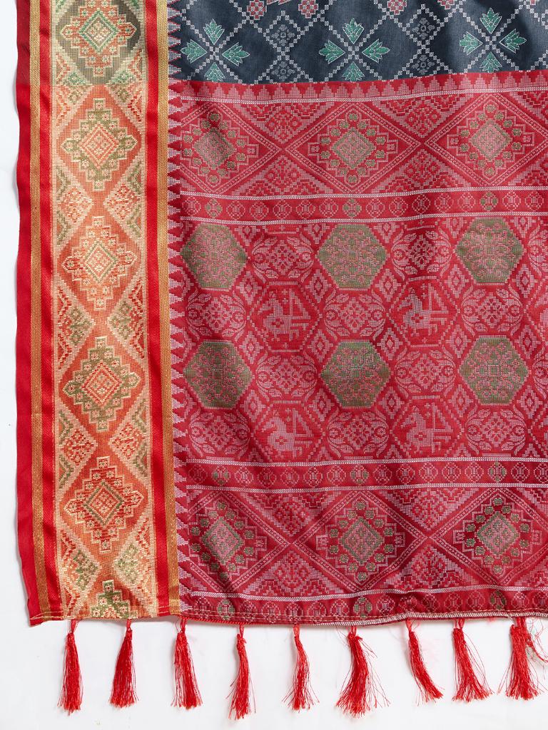 Women Grey Woven Saree with Red Zari Border