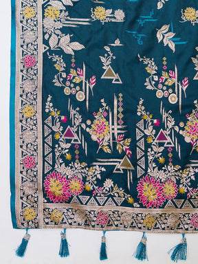 Women Teal Floral Woven Saree with Zari Border Traditional Ethnic Party Wear