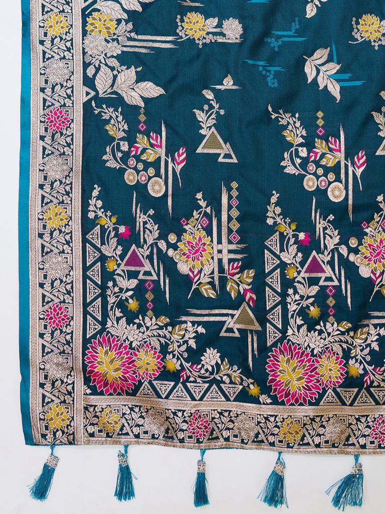Women Teal Floral Woven Saree with Zari Border Traditional Ethnic Party Wear