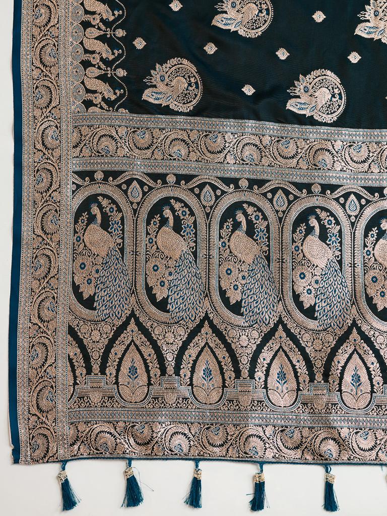 Women Navy Blue Woven Saree with Silver Zari Border