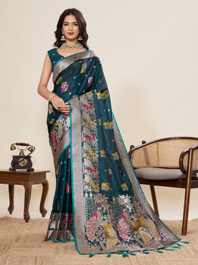 Women’s Green Silk Saree with Woven Peacock Design