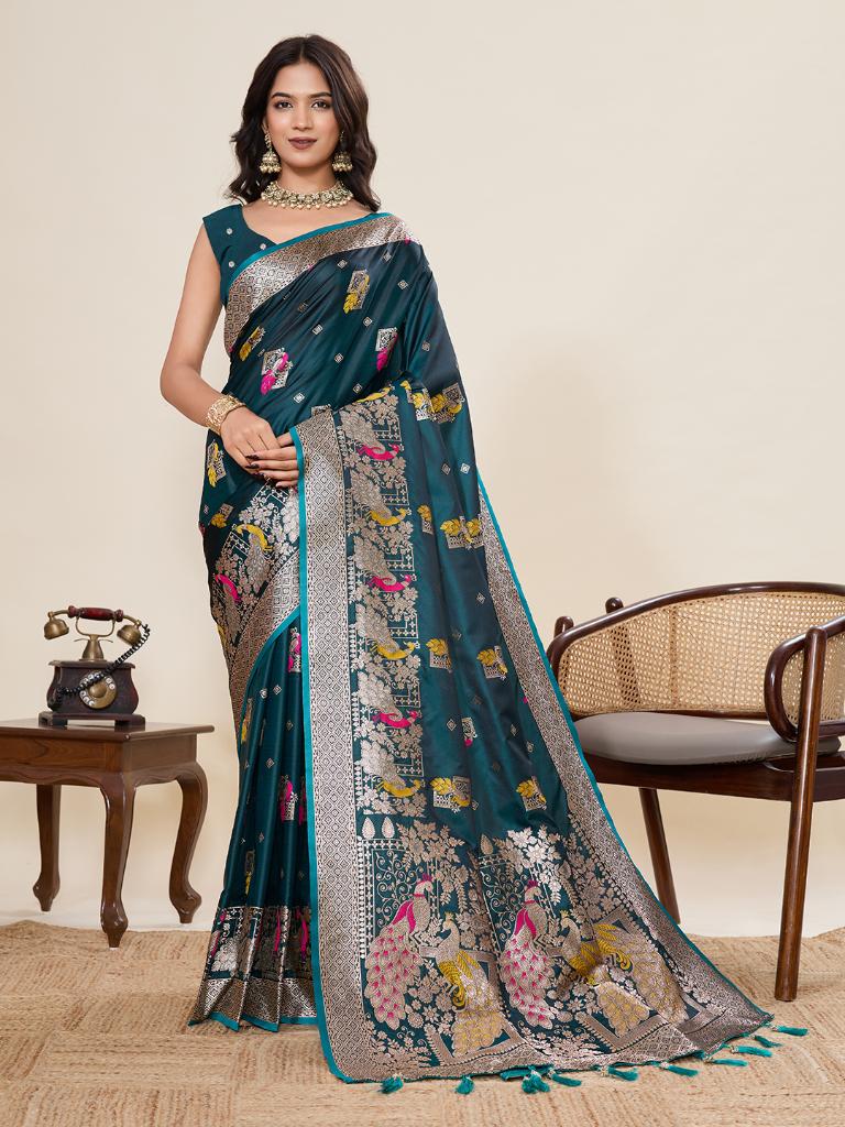 Women’s Green Silk Saree with Woven Peacock Design