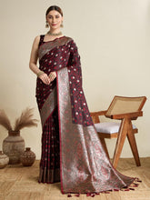 Women Maroon Woven Saree with Silver Zari Border