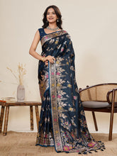 Women Navy Blue Floral Woven Saree with Zari Border Traditional Ethnic Party Wear