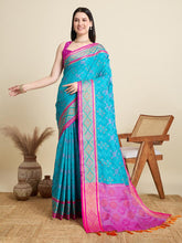 Women Sky Blue Woven Saree with Pink Zari Border