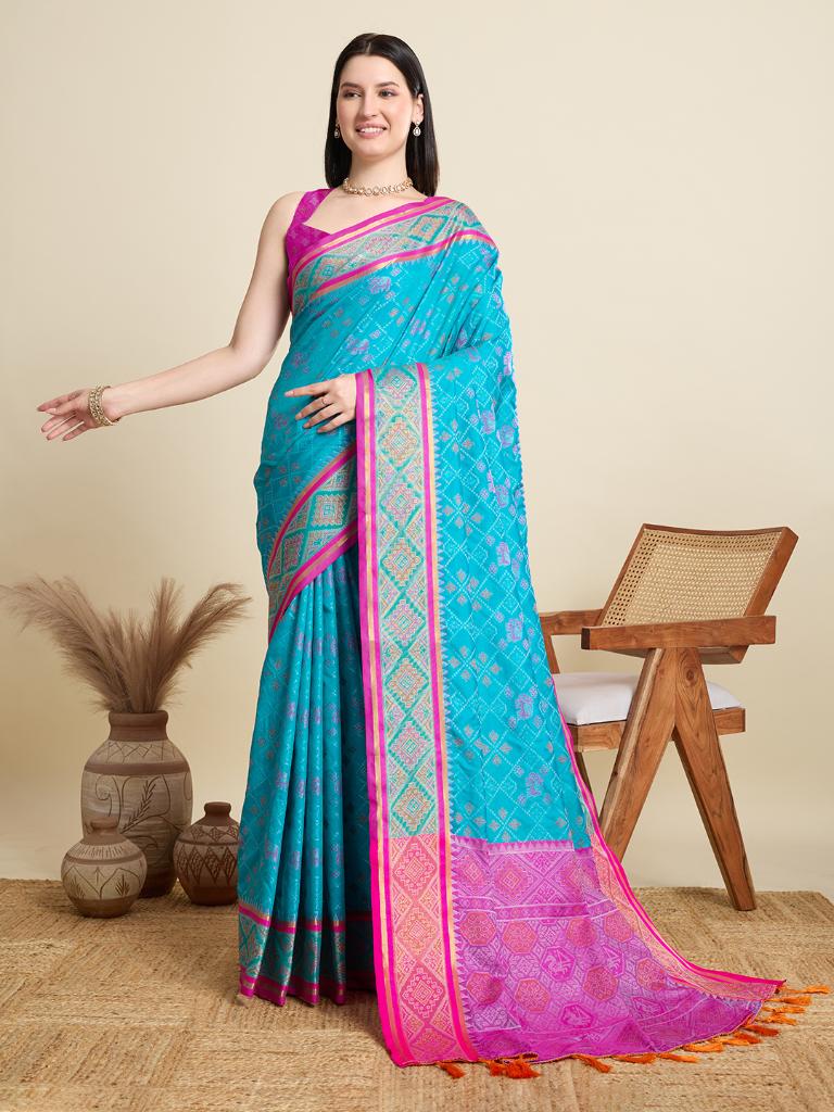 Women Sky Blue Woven Saree with Pink Zari Border