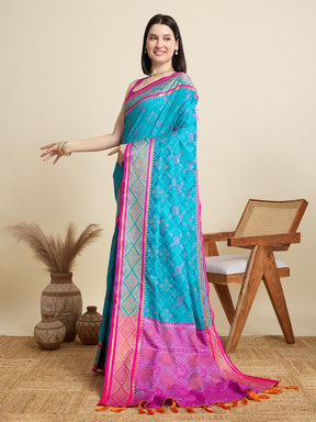 Women Sky Blue Woven Saree with Pink Zari Border