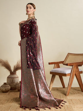 Women Maroon Woven Saree with Silver Zari Border