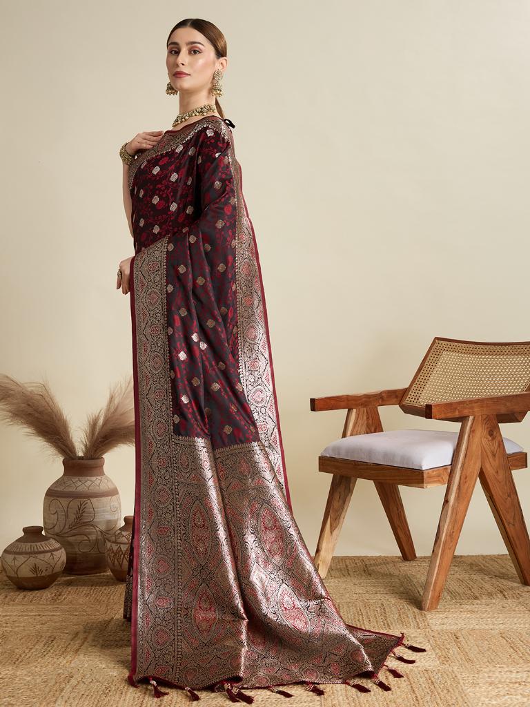 Women Maroon Woven Saree with Silver Zari Border