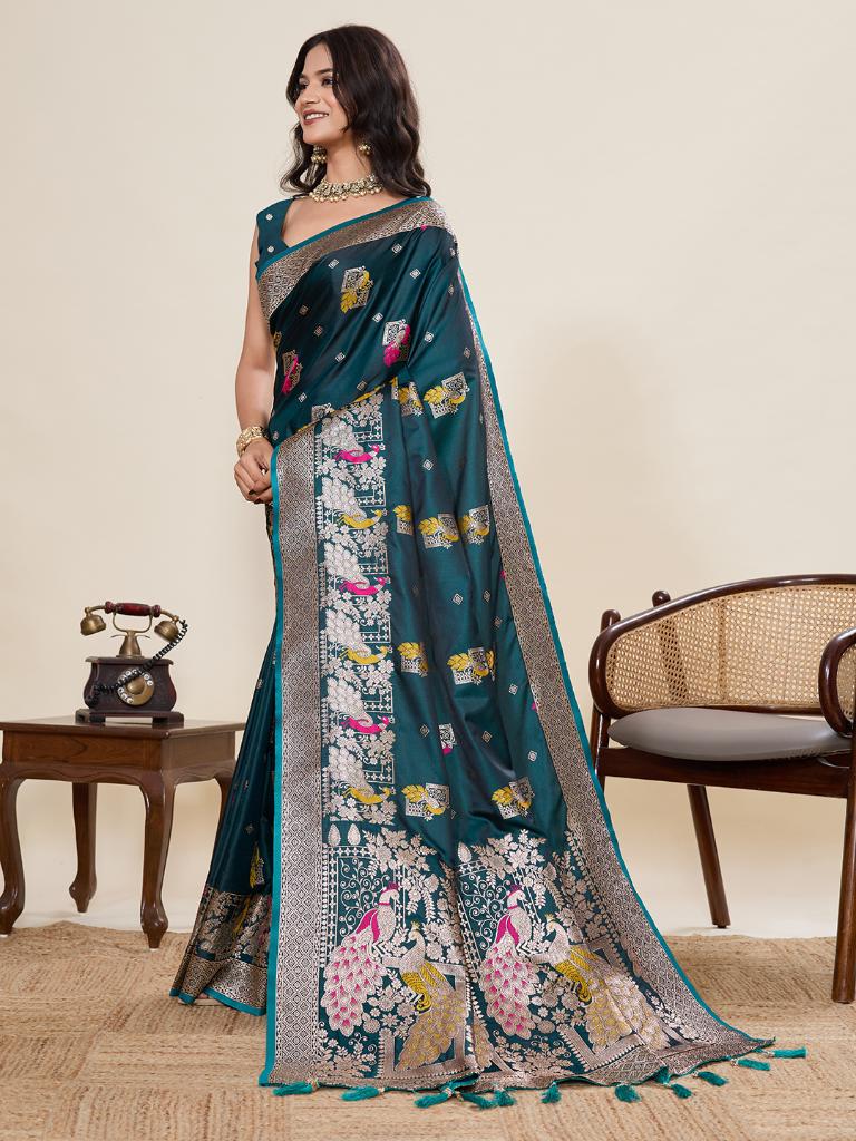 Women’s Green Silk Saree with Woven Peacock Design