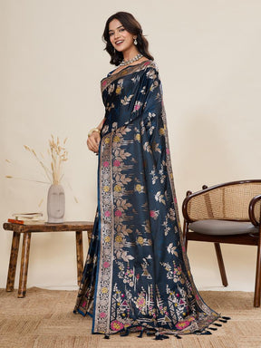 Women Navy Blue Floral Woven Saree with Zari Border Traditional Ethnic Party Wear