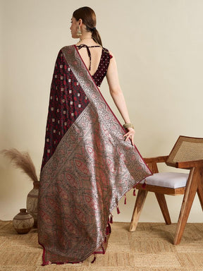 Women Maroon Woven Saree with Silver Zari Border