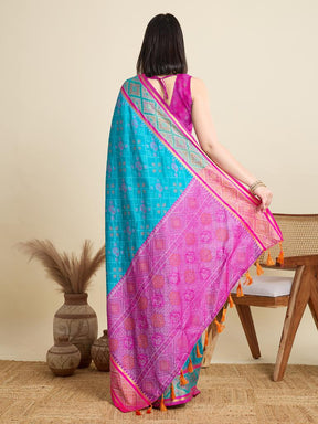 Women Sky Blue Woven Saree with Pink Zari Border