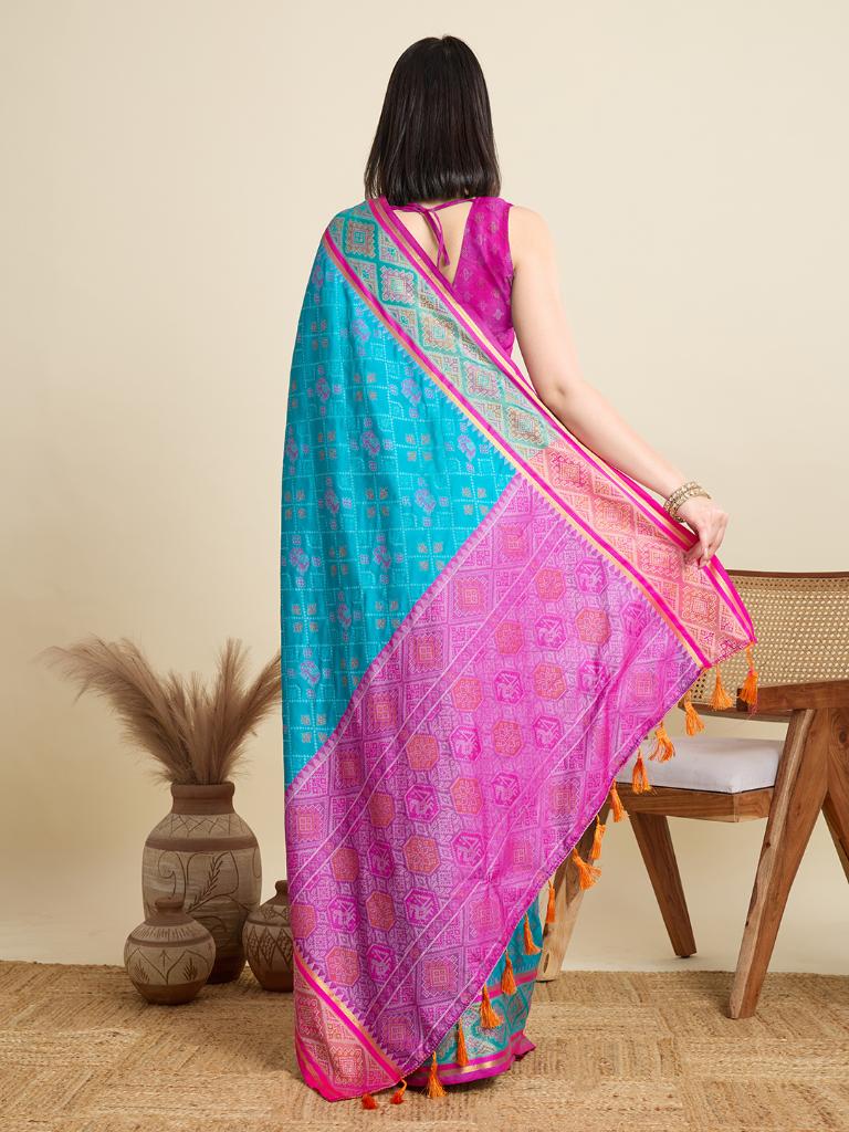 Women Sky Blue Woven Saree with Pink Zari Border