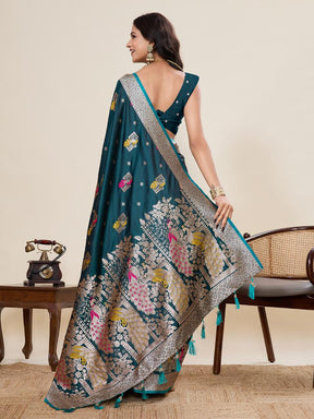 Women’s Green Silk Saree with Woven Peacock Design