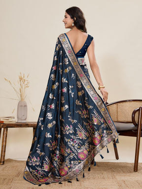 Women Navy Blue Floral Woven Saree with Zari Border Traditional Ethnic Party Wear