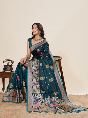 Women’s Green Silk Saree with Woven Peacock Design