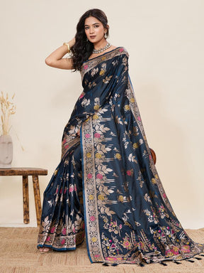 Women Navy Blue Floral Woven Saree with Zari Border Traditional Ethnic Party Wear