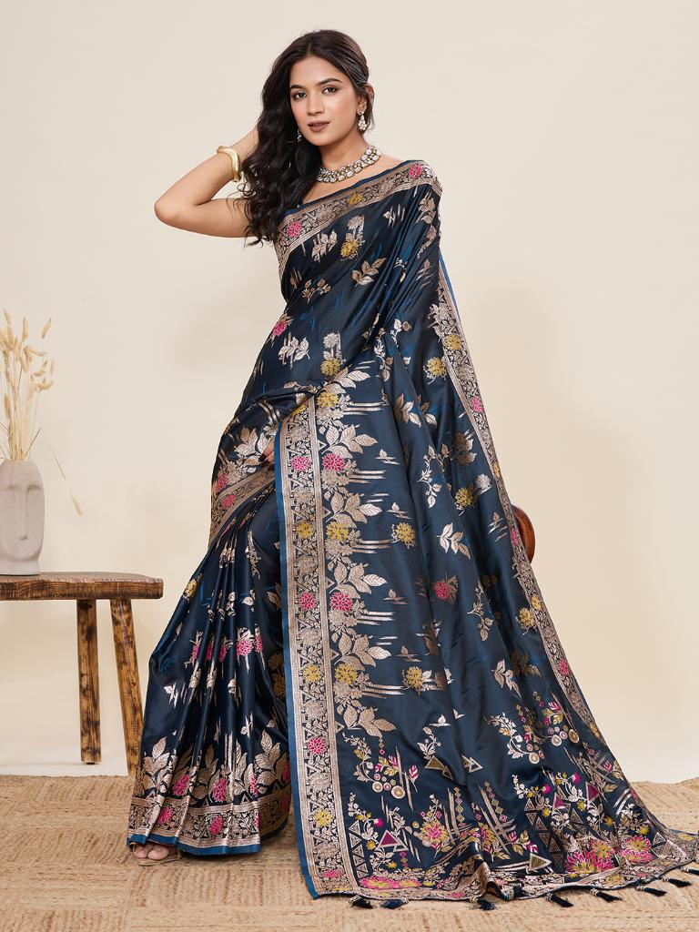 Women Navy Blue Floral Woven Saree with Zari Border Traditional Ethnic Party Wear
