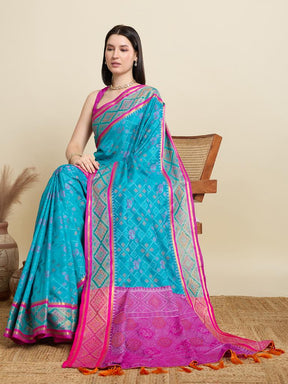 Women Sky Blue Woven Saree with Pink Zari Border