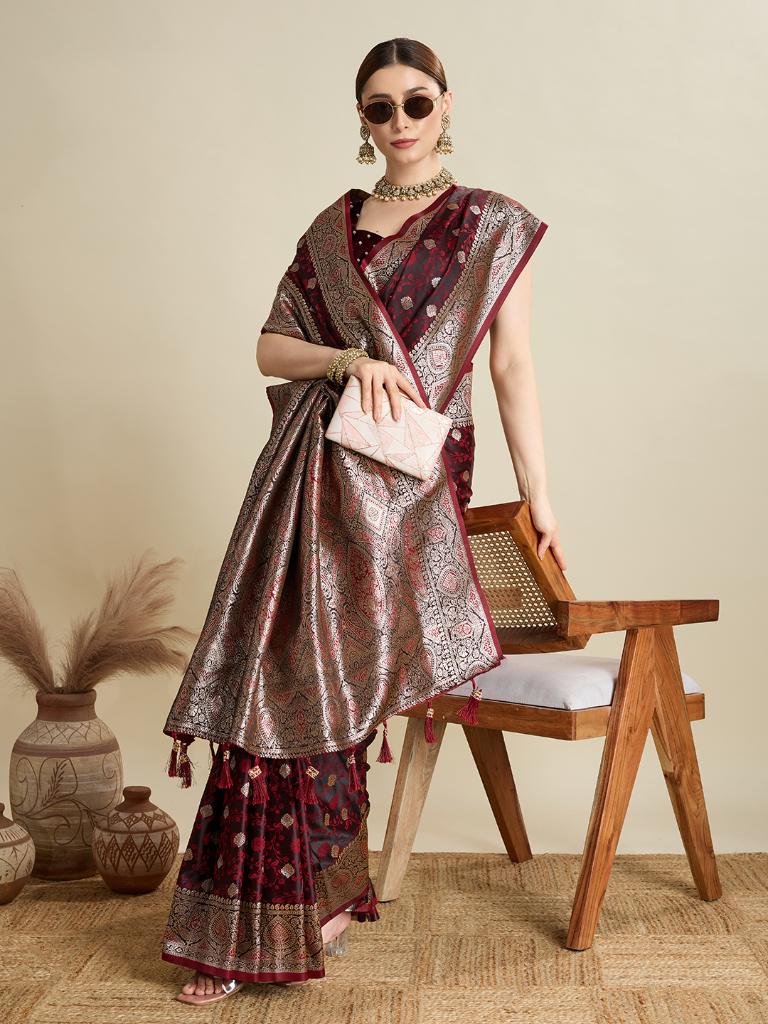 Women Maroon Woven Saree with Silver Zari Border