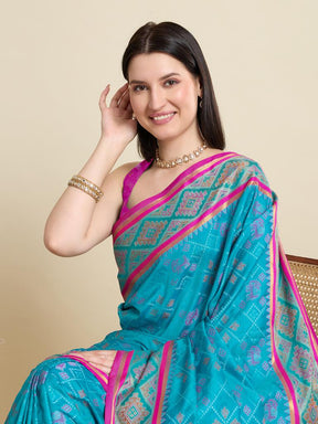 Women Sky Blue Woven Saree with Pink Zari Border