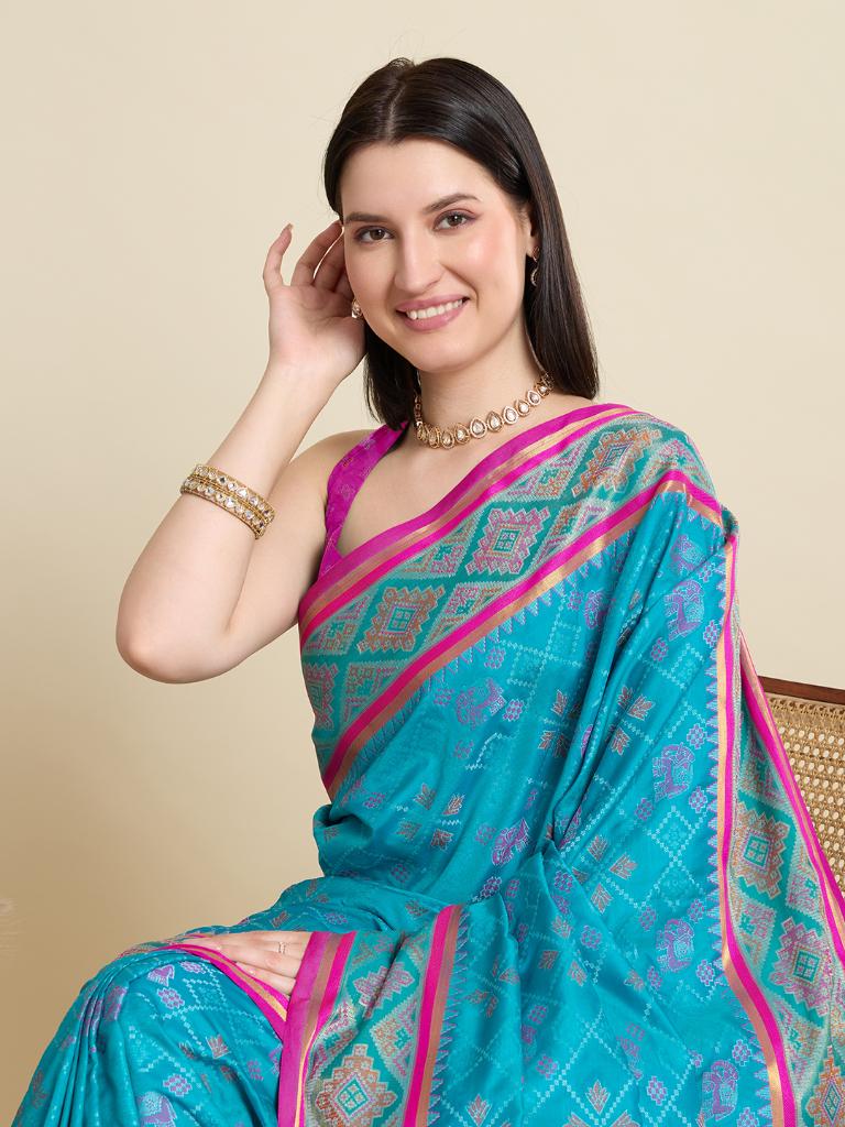 Women Sky Blue Woven Saree with Pink Zari Border