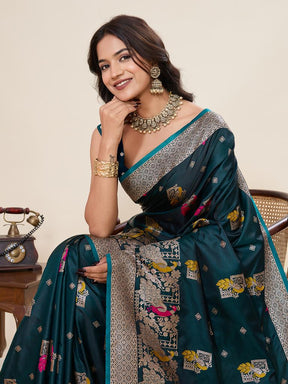Women’s Green Silk Saree with Woven Peacock Design