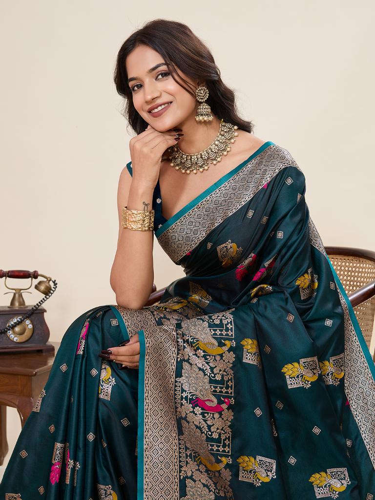 Women’s Green Silk Saree with Woven Peacock Design