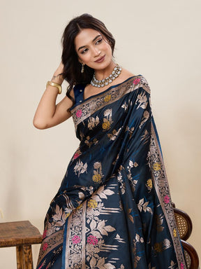 Women Navy Blue Floral Woven Saree with Zari Border Traditional Ethnic Party Wear