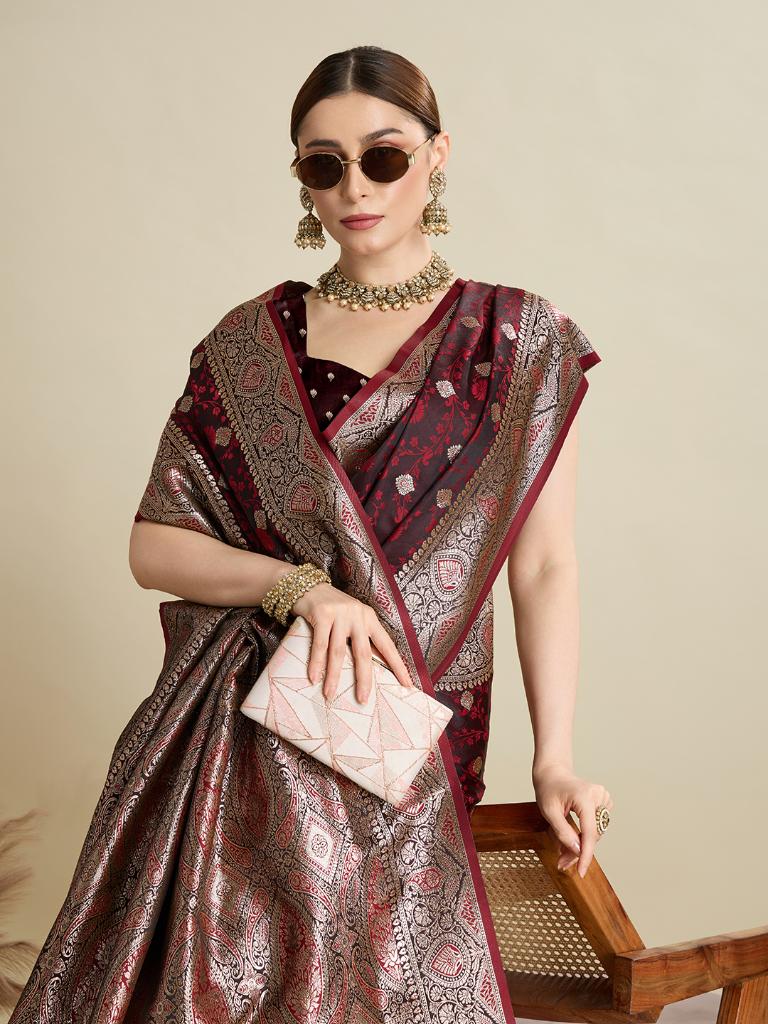 Women Maroon Woven Saree with Silver Zari Border