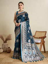 Women Teal Blue Woven Saree with Silver Zari Border