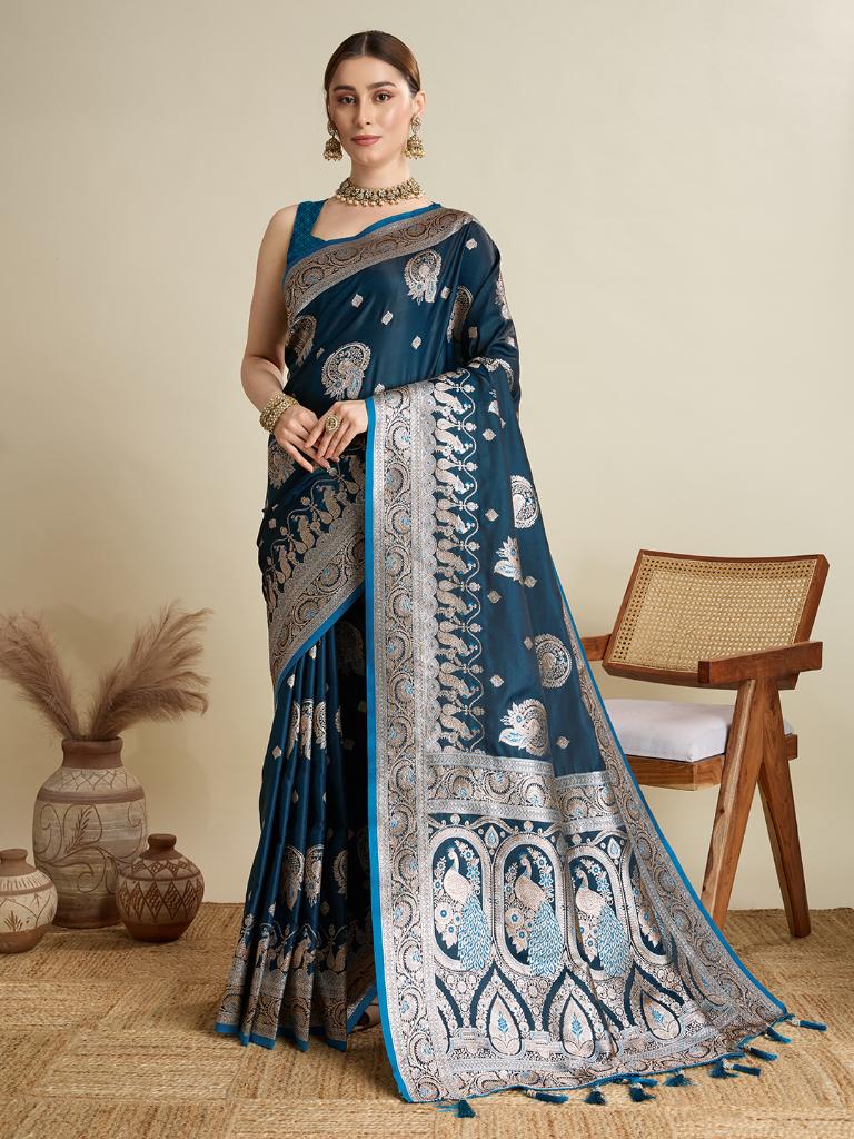 Women Teal Blue Woven Saree with Silver Zari Border